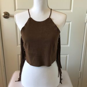 Brown suede side fringe crop top